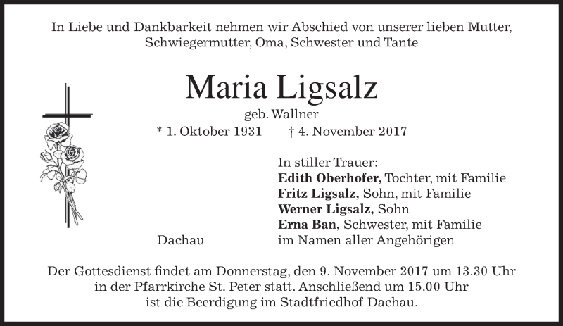  Traueranzeige für Maria Ligsalz vom 07.11.2017 aus merkurtz