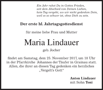 Traueranzeige von Maria Lindauer von merkurtz