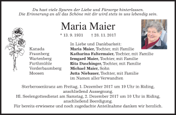 Traueranzeige von Maria Maier von merkurtz