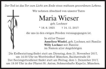 Traueranzeige von Maria Wieser von merkurtz