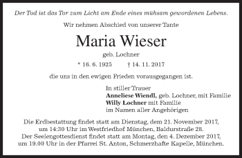 Traueranzeige von Maria Wieser von merkurtz