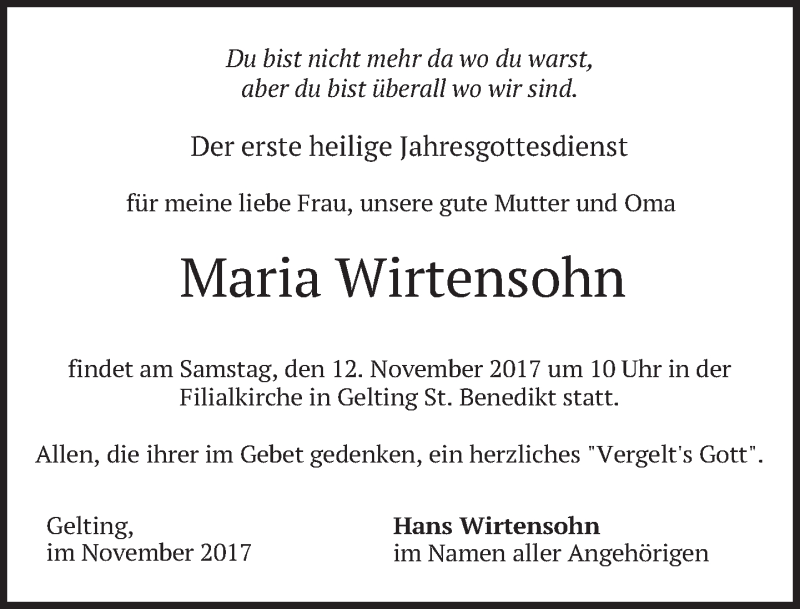  Traueranzeige für Maria Wirtensohn vom 11.11.2017 aus merkurtz