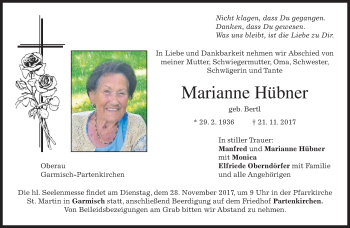 Traueranzeige von Marianne Hübner von merkurtz