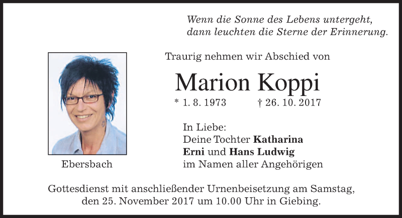  Traueranzeige für Marion Koppi vom 22.11.2017 aus merkurtz