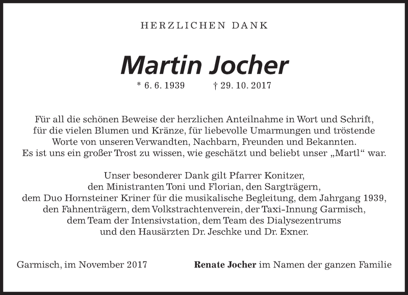  Traueranzeige für Martin Jocher vom 11.11.2017 aus merkurtz