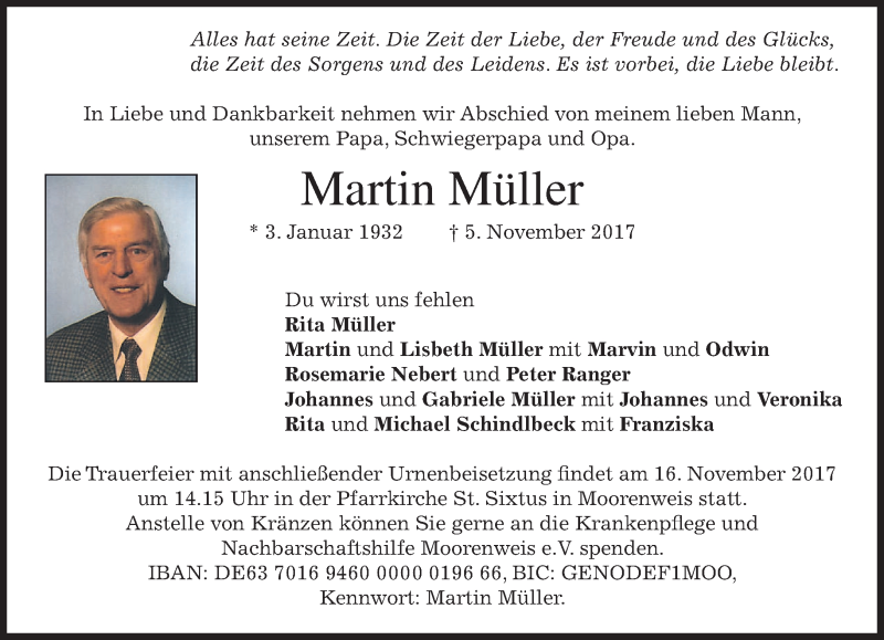  Traueranzeige für Martin Müller vom 14.11.2017 aus merkurtz