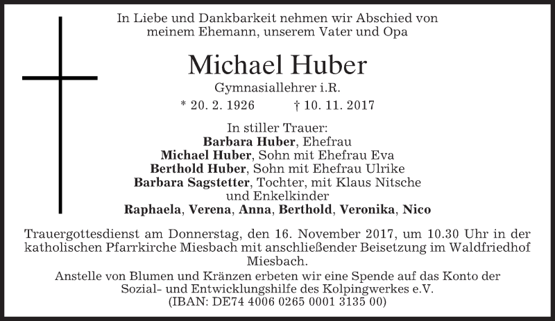 Traueranzeige für Michael Huber vom 14.11.2017 aus merkurtz