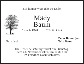 Traueranzeige von Mädy Baum von merkurtz