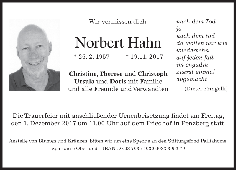  Traueranzeige für Norbert Hahn vom 25.11.2017 aus Das Gelbe Blatt Penzberg