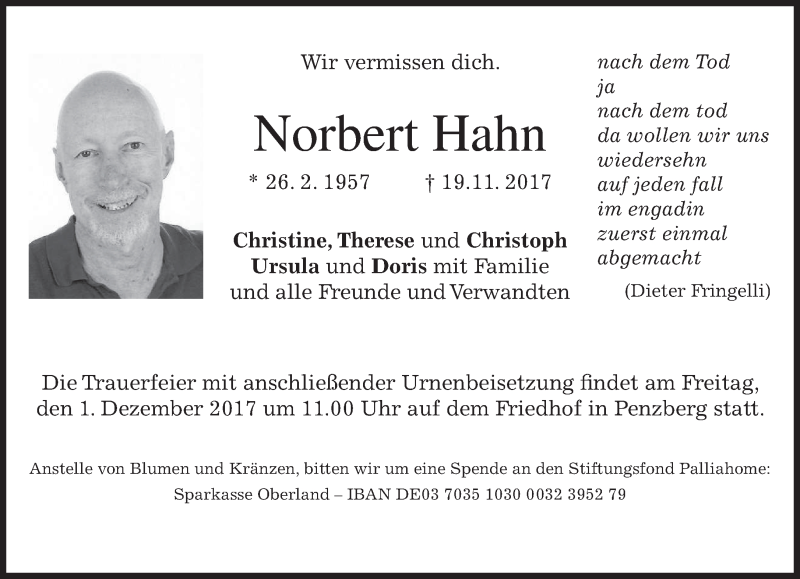 Traueranzeigen von Norbert Hahn | trauer.merkur.de