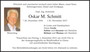 Traueranzeige von Oskar M. Schmitt von merkurtz
