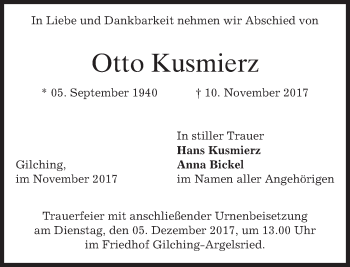 Traueranzeige von Otto Kusmierz von merkurtz
