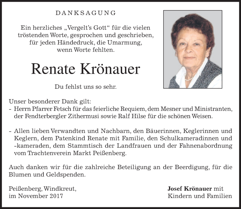  Traueranzeige für Renate Krönauer vom 04.11.2017 aus merkurtz