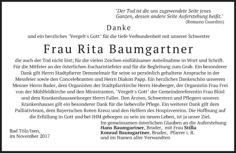  Traueranzeige für Rita Baumgartner vom 25.11.2017 aus merkurtz