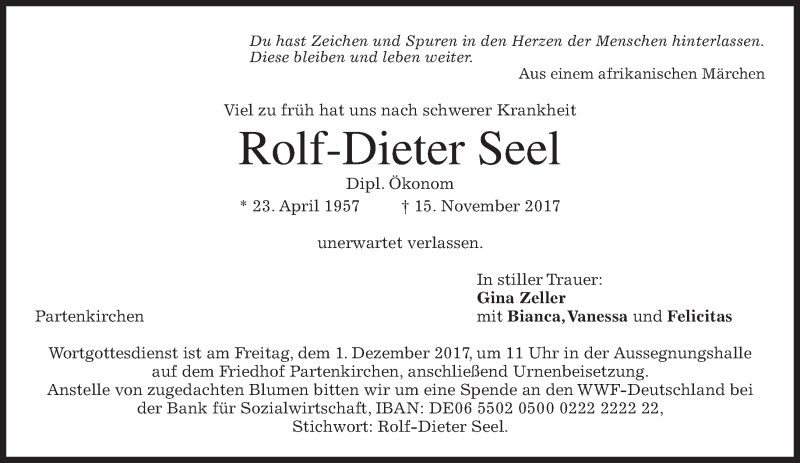  Traueranzeige für Rolf-Dieter Seel vom 25.11.2017 aus merkurtz