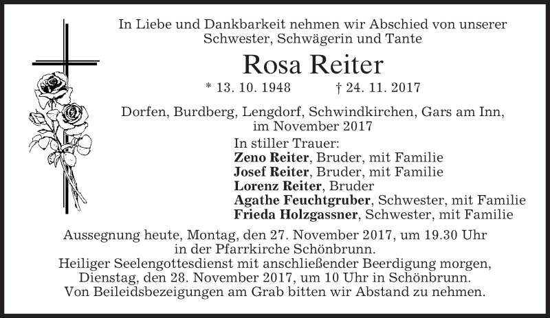  Traueranzeige für Rosa Reiter vom 27.11.2017 aus merkurtz