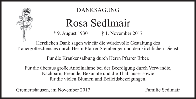  Traueranzeige für Rosa Sedlmair vom 11.11.2017 aus merkurtz