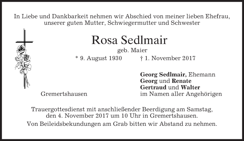  Traueranzeige für Rosa Sedlmair vom 03.11.2017 aus merkurtz