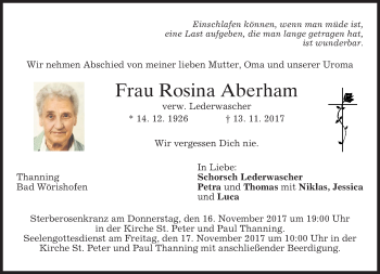 Traueranzeige von Rosina Aberham von merkurtz