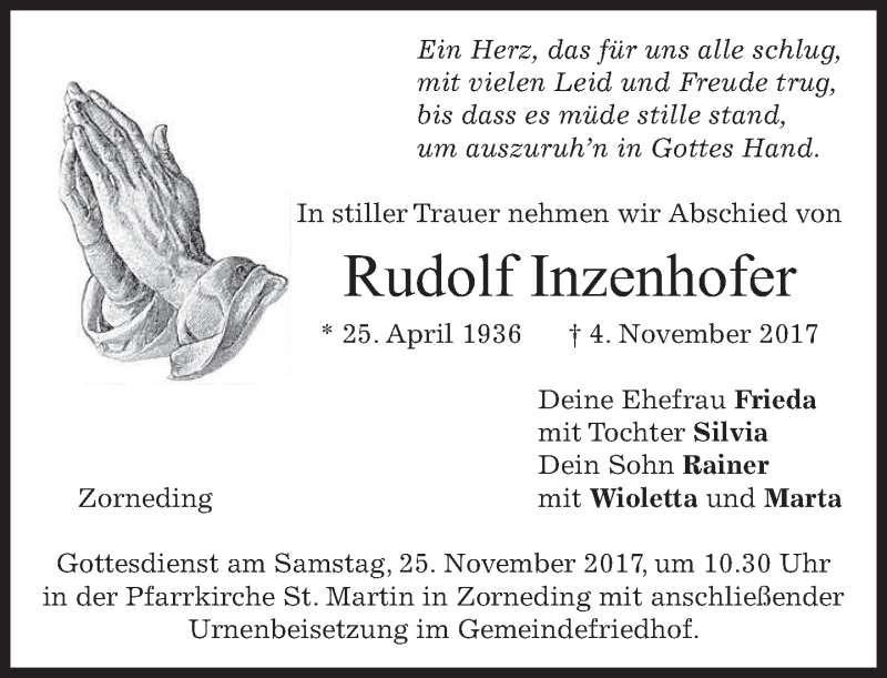  Traueranzeige für Rudolf Inzenhofer vom 10.11.2017 aus merkurtz