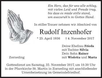 Traueranzeige von Rudolf Inzenhofer von merkurtz