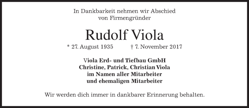  Traueranzeige für Rudolf Viola vom 08.11.2017 aus merkurtz