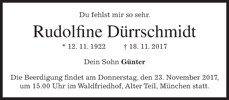  Traueranzeige für Rudolfine Dürrschmidt vom 20.11.2017 aus merkurtz