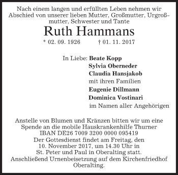Traueranzeige von Ruth Hammans von merkurtz