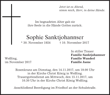 Traueranzeige von Sophie Sanktjohannser von merkurtz
