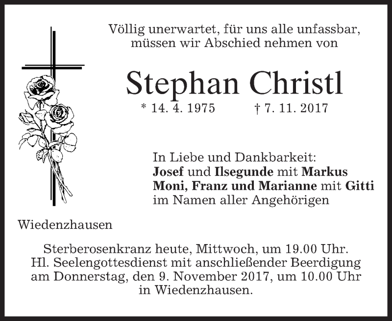  Traueranzeige für Stephan Christl vom 08.11.2017 aus merkurtz