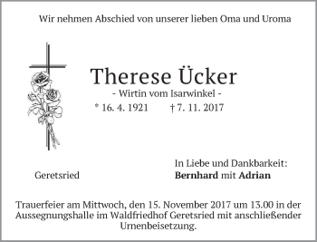 Traueranzeige von Therese Ücker von merkurtz