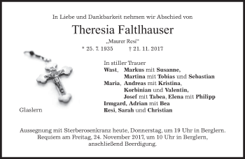Traueranzeige von Theresia Faltlhauser von merkurtz