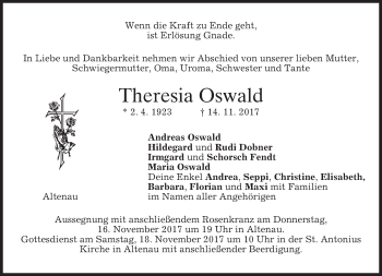 Traueranzeige von Theresia Oswald von merkurtz