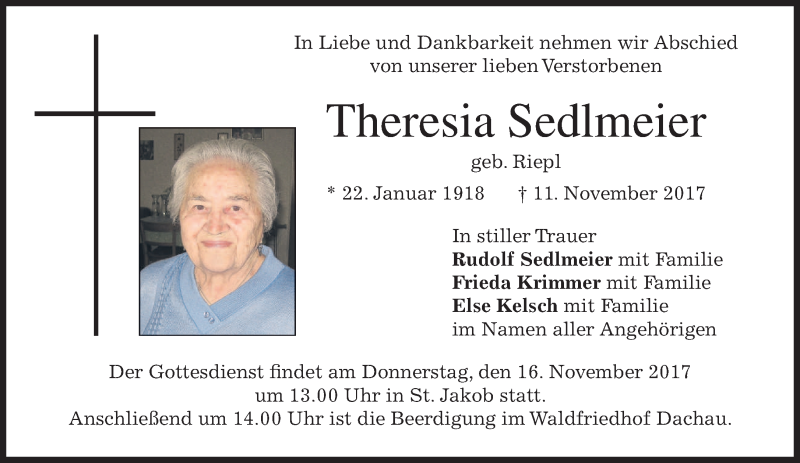  Traueranzeige für Theresia Sedlmeier vom 14.11.2017 aus merkurtz
