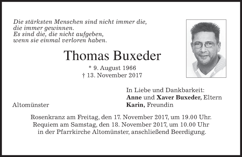  Traueranzeige für Thomas Buxeder vom 16.11.2017 aus merkurtz