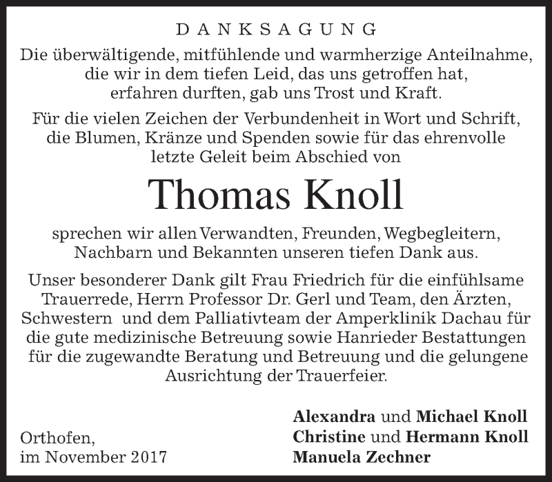  Traueranzeige für Thomas Knoll vom 11.11.2017 aus merkurtz