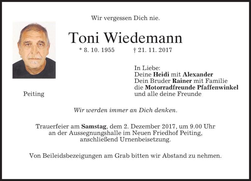  Traueranzeige für Toni Wiedemann vom 29.11.2017 aus merkurtz