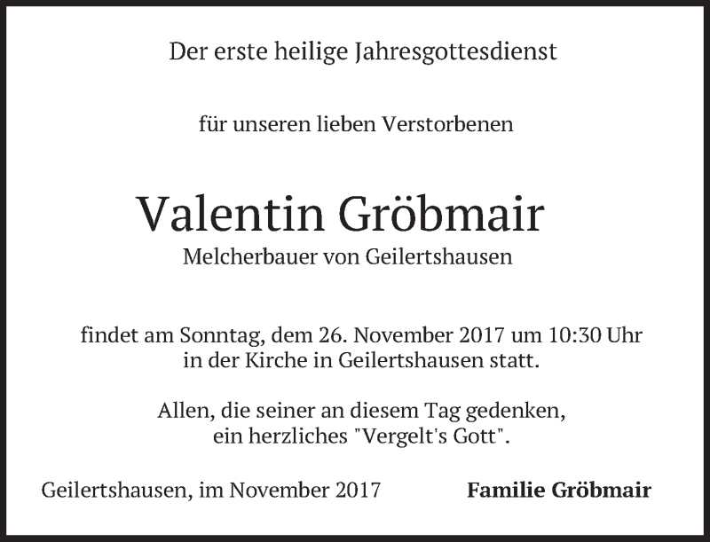  Traueranzeige für Valentin Gröbmair vom 24.11.2017 aus merkurtz