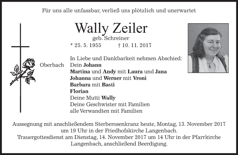  Traueranzeige für Wally Zeiler vom 13.11.2017 aus merkurtz