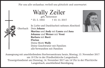 Traueranzeige von Wally Zeiler von merkurtz