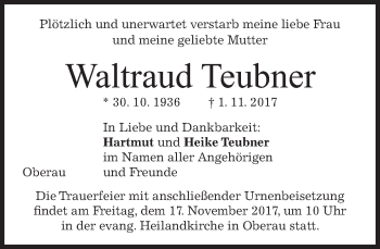 Traueranzeige von Waltraud Teubner von merkurtz