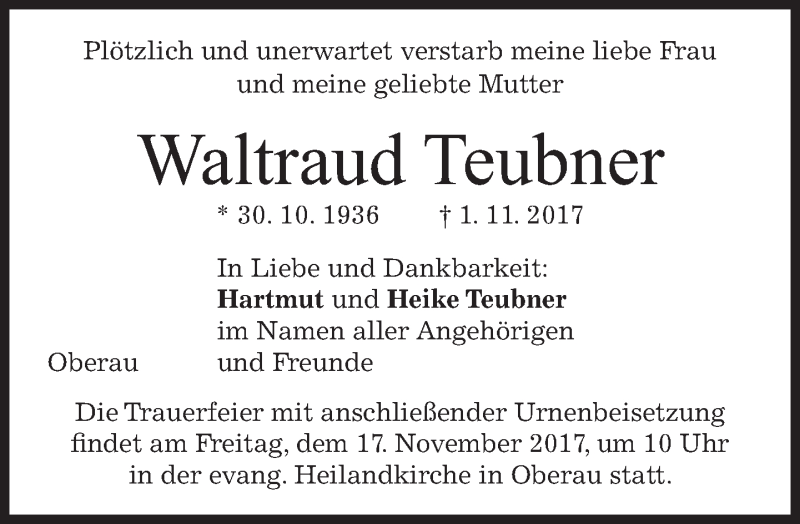  Traueranzeige für Waltraud Teubner vom 11.11.2017 aus merkurtz