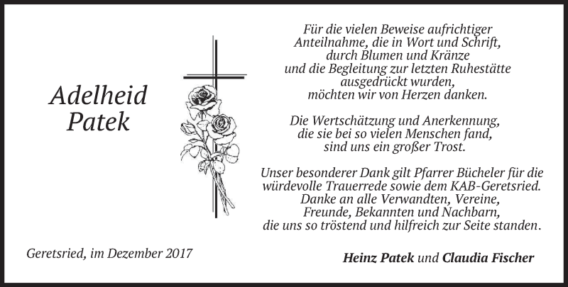  Traueranzeige für Adelheid Patek vom 23.12.2017 aus merkurtz