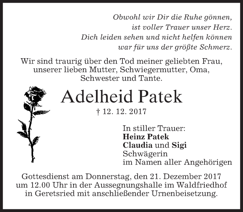  Traueranzeige für Adelheid Patek vom 16.12.2017 aus merkurtz