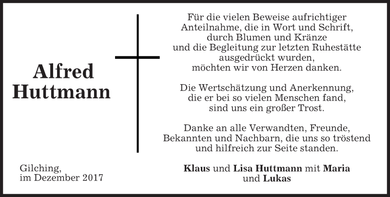  Traueranzeige für Alfred Huttmann vom 02.12.2017 aus merkurtz