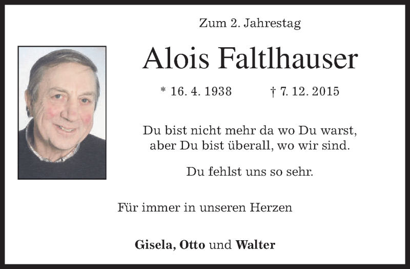  Traueranzeige für Alois Faltlhauser vom 07.12.2017 aus merkurtz