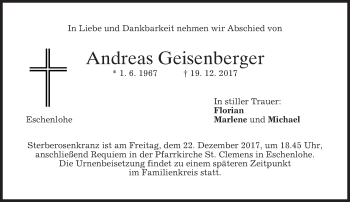 Traueranzeige von Andreas Geisenberger von merkurtz