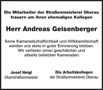Traueranzeige von Andreas Geisenberger von merkurtz