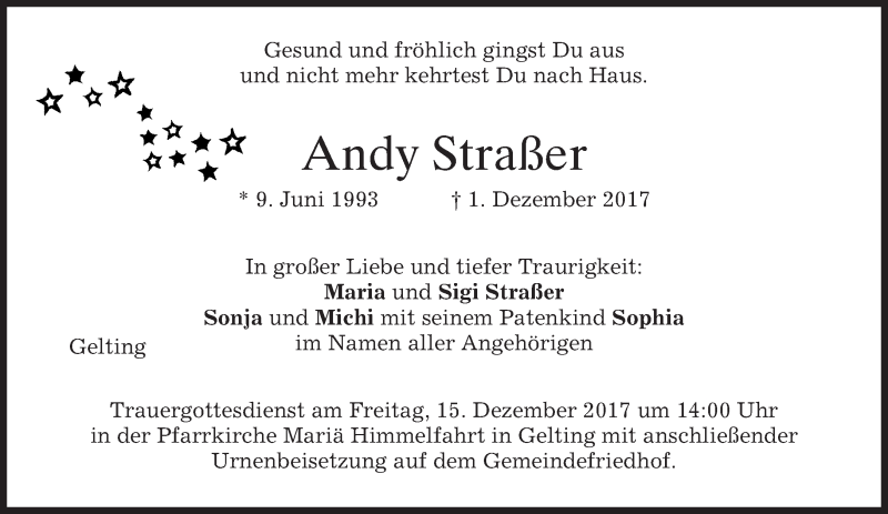  Traueranzeige für Andy Straßer vom 09.12.2017 aus merkurtz