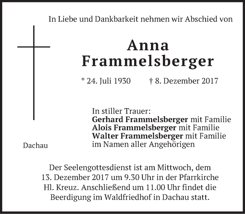  Traueranzeige für Anna Frammelsberger vom 12.12.2017 aus merkurtz